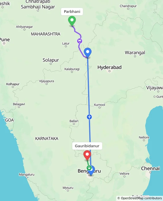 Route map showing distance and travel time from Parbhani, India to Gauribidanur, India