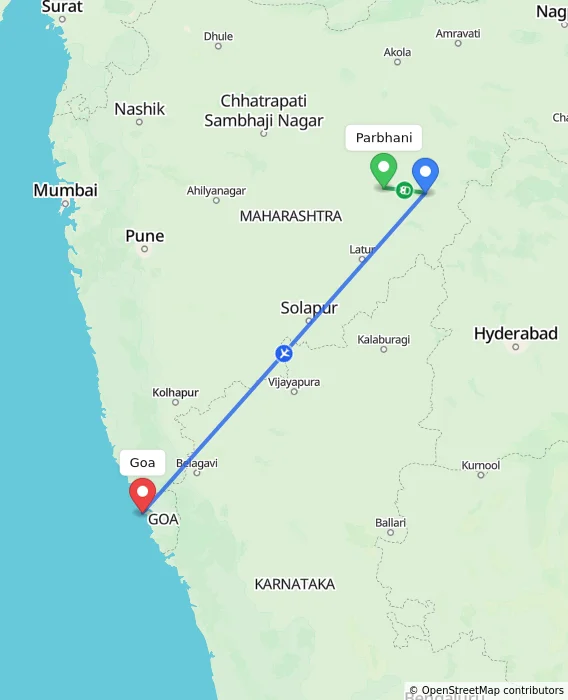 Route map showing distance and travel time from Parbhani, India to Goa, India