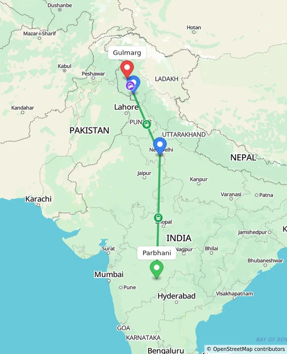 Route map showing distance and travel time from Parbhani, India to Gulmarg, India