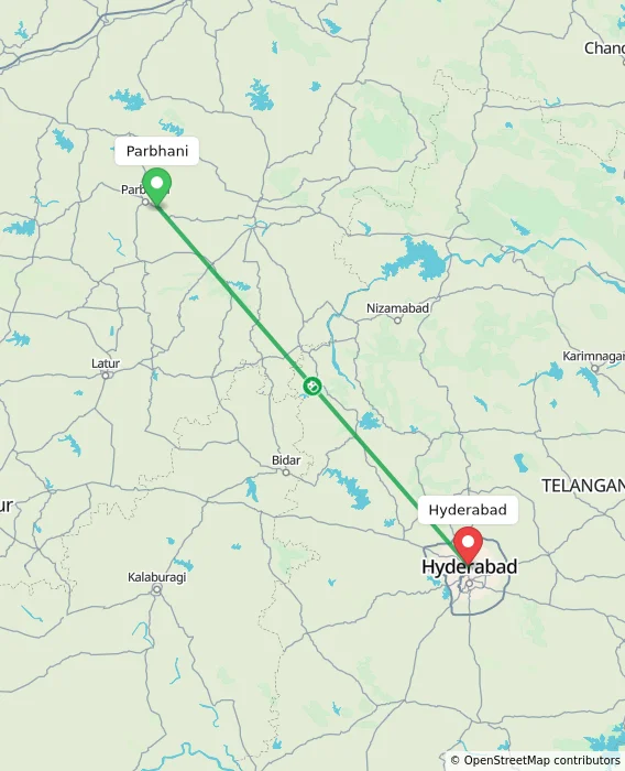 Route map showing distance and travel time from Parbhani, India to Hyderabad, India