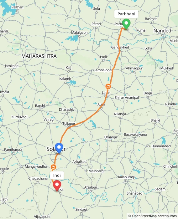 Route map showing distance and travel time from Parbhani, India to Indi, India
