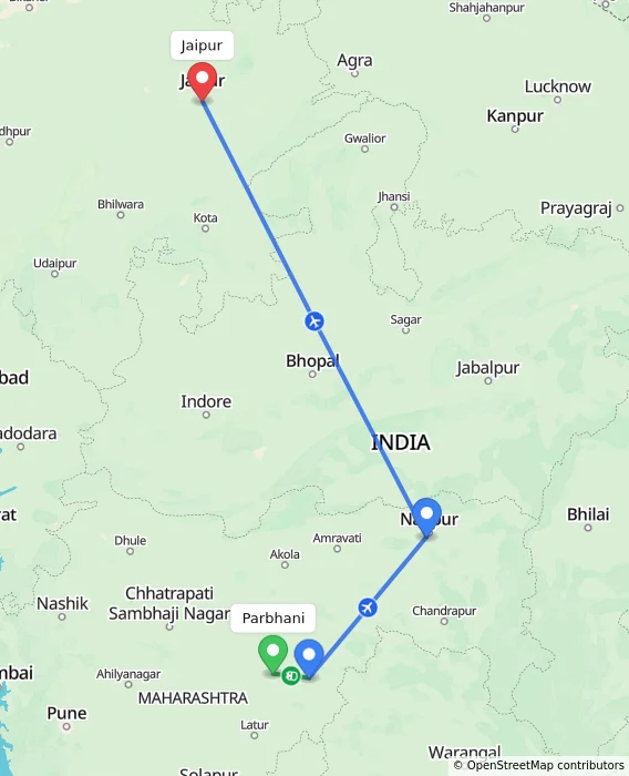 Route map showing distance and travel time from Parbhani, India to Jaipur, India