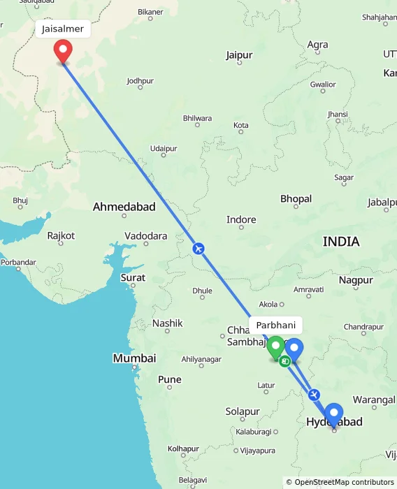 Route map showing distance and travel time from Parbhani, India to Jaisalmer, India