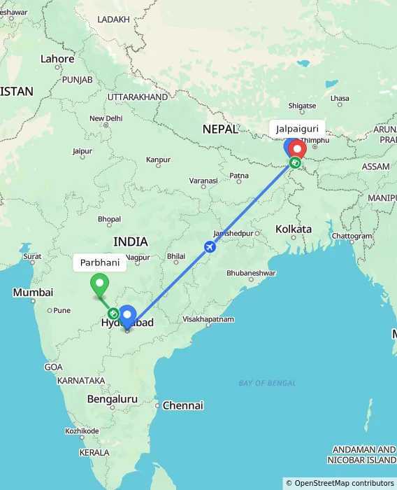 Route map showing distance and travel time from Parbhani, India to Jalpaiguri, India
