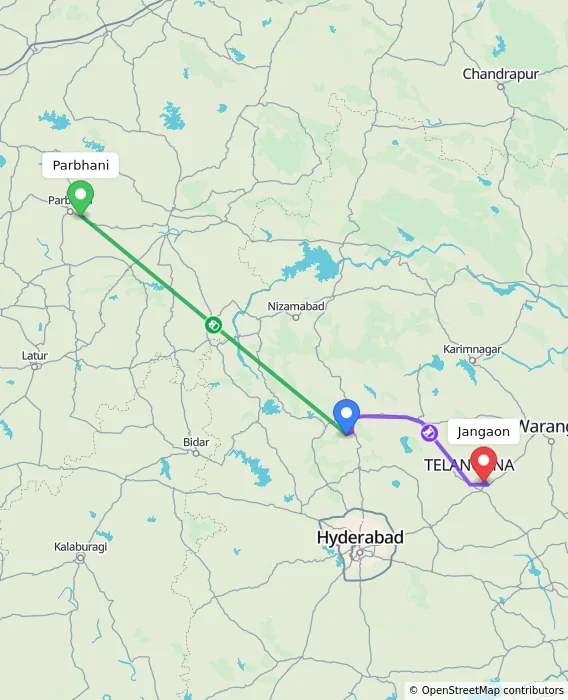 Route map showing distance and travel time from Parbhani, India to Jangaon, India