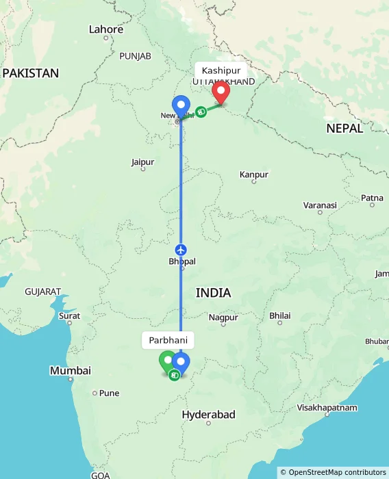 Route map showing distance and travel time from Parbhani, India to Kashipur, India