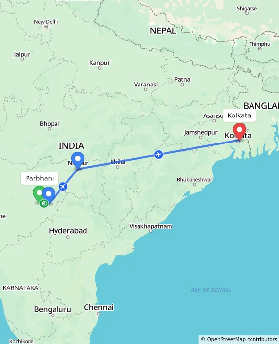 Route map showing distance and travel time from Parbhani, India to Kolkata, India
