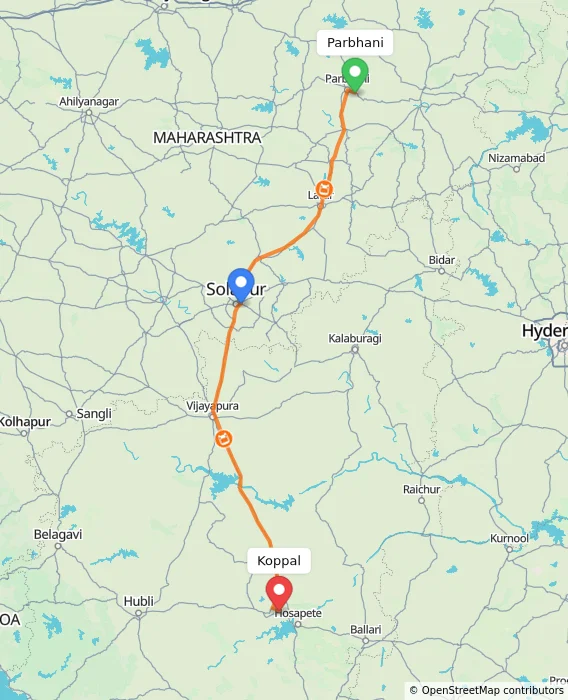 Route map showing distance and travel time from Parbhani, India to Koppal, India