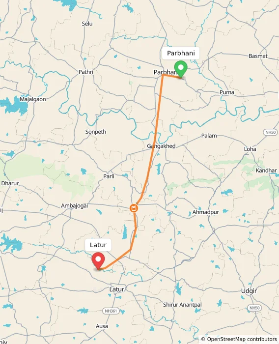 Route map showing distance and travel time from Parbhani, India to Latur, India