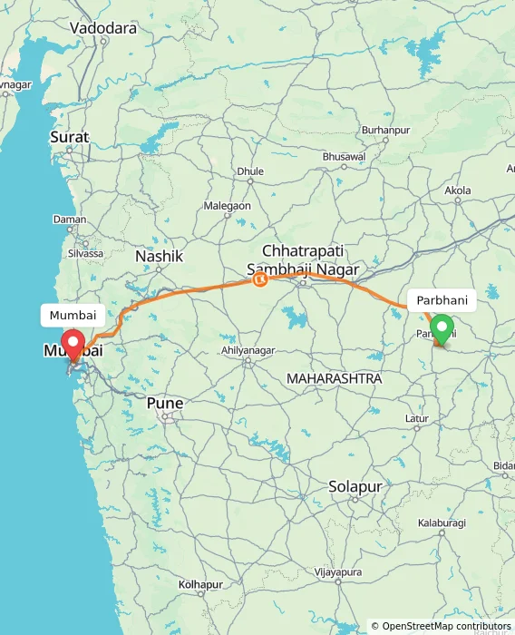 Route map showing distance and travel time from Parbhani, India to Mumbai, India