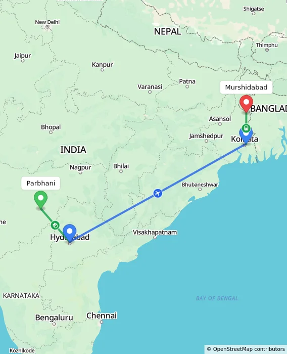 Route map showing distance and travel time from Parbhani, India to Murshidabad, India