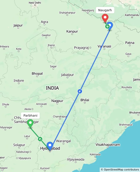 Route map showing distance and travel time from Parbhani, India to Naugarh, India