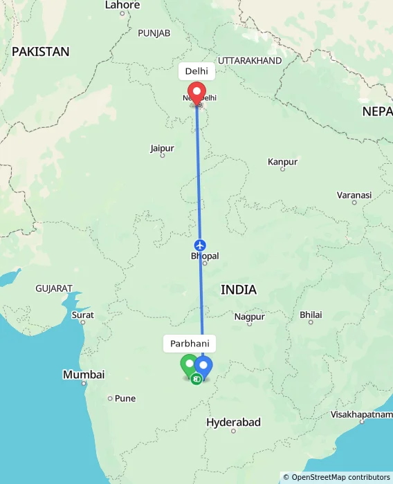 Route map showing distance and travel time from Parbhani, India to Delhi, India