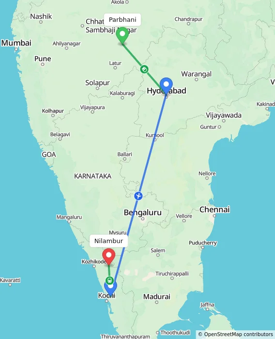 Route map showing distance and travel time from Parbhani, India to Nilambur, India