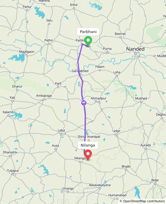 Route map showing distance and travel time from Parbhani, India to Nilanga, India