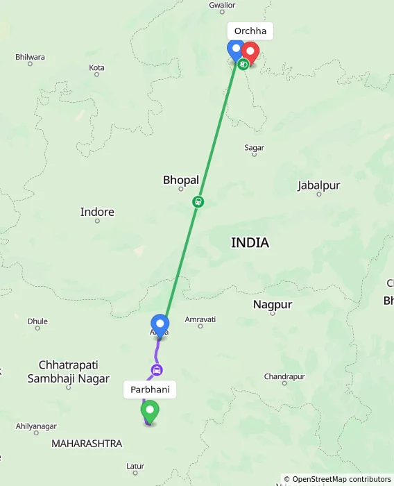 Route map showing distance and travel time from Parbhani, India to Orchha, India