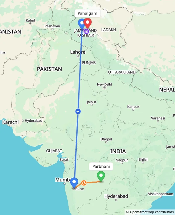 Route map showing distance and travel time from Parbhani, India to Pahalgam, India