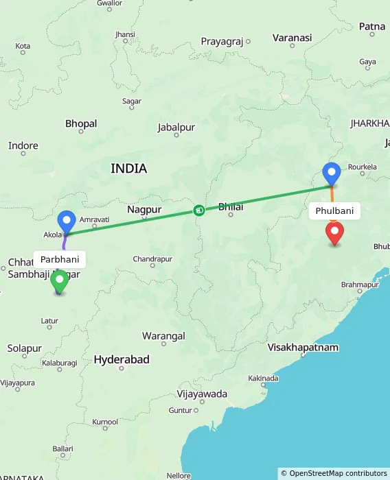 Route map showing distance and travel time from Parbhani, India to Phulbani, India