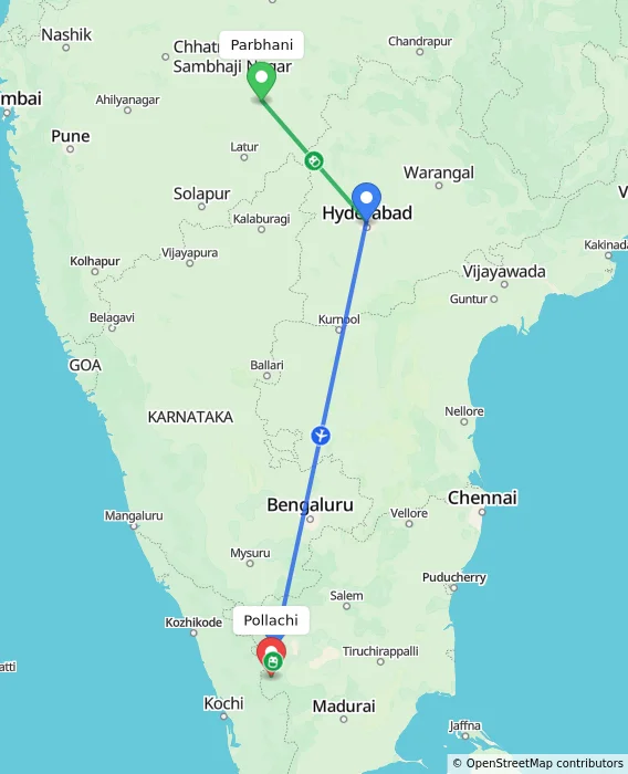 Route map showing distance and travel time from Parbhani, India to Pollachi, India