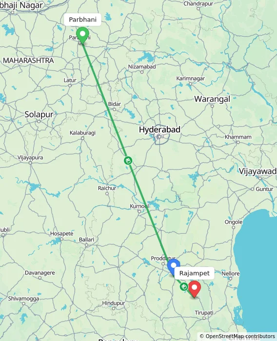 Route map showing distance and travel time from Parbhani, India to Rajampet, India