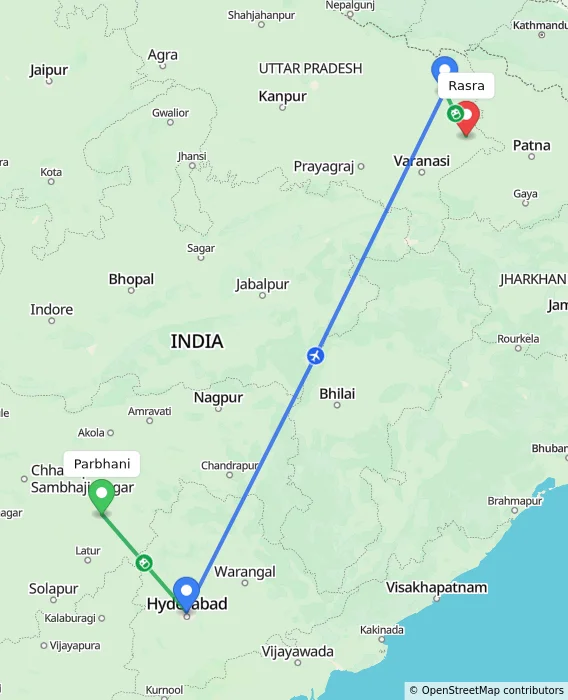 Route map showing distance and travel time from Parbhani, India to Rasra, India