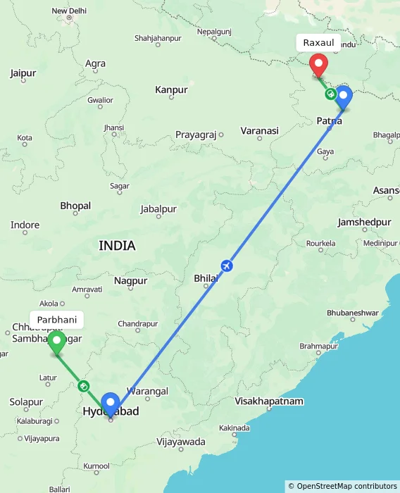 Route map showing distance and travel time from Parbhani, India to Raxaul, India