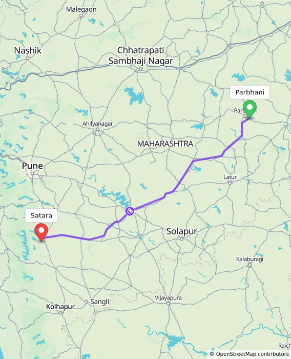 Route map showing distance and travel time from Parbhani, India to Satara, India