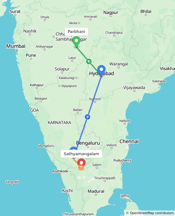 Route map showing distance and travel time from Parbhani, India to Sathyamangalam, India
