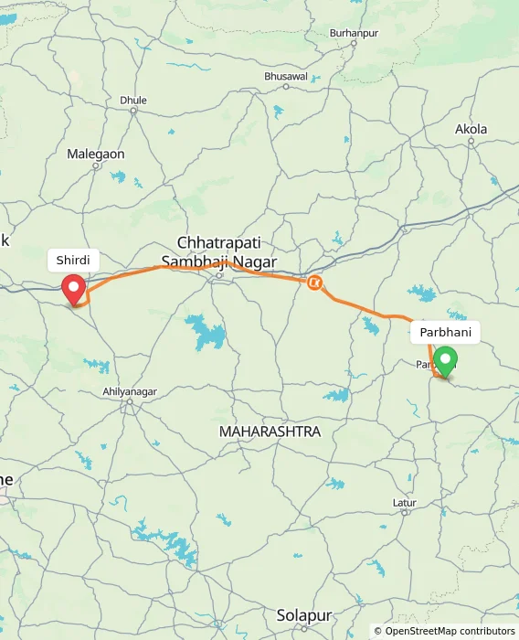 Route map showing distance and travel time from Parbhani, India to Shirdi, India
