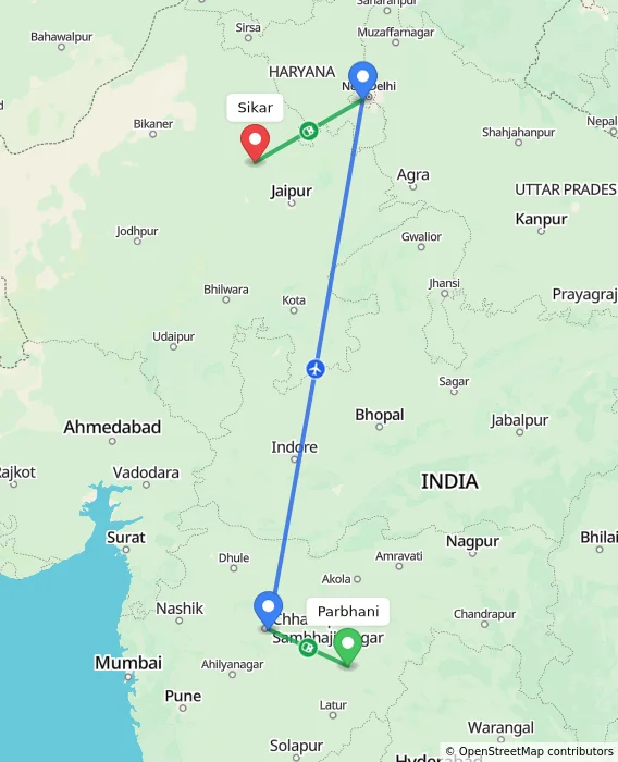 Route map showing distance and travel time from Parbhani, India to Sikar, India