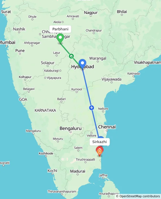 Route map showing distance and travel time from Parbhani, India to Sirkazhi, India