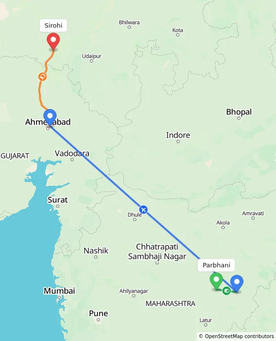 Route map showing distance and travel time from Parbhani, India to Sirohi, India
