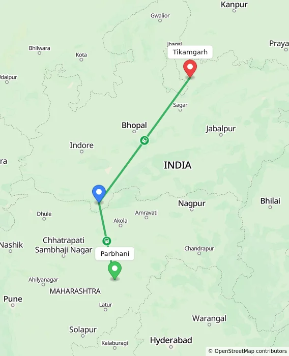 Route map showing distance and travel time from Parbhani, India to Tikamgarh, India
