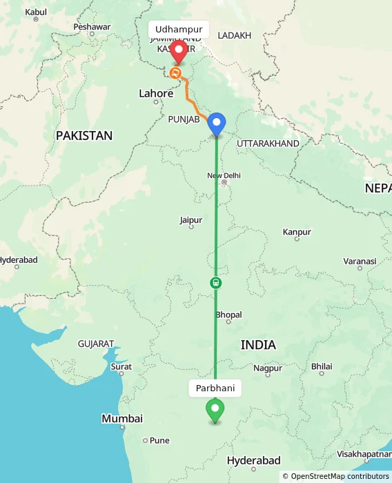 Route map showing distance and travel time from Parbhani, India to Udhampur, India