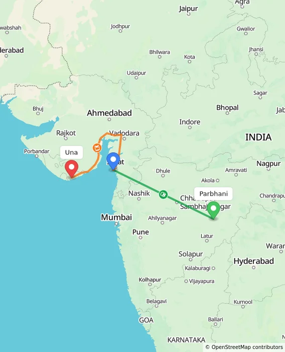 Route map showing distance and travel time from Parbhani, India to Una, India