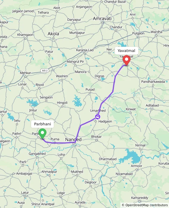 Route map showing distance and travel time from Parbhani, India to Yavatmal, India