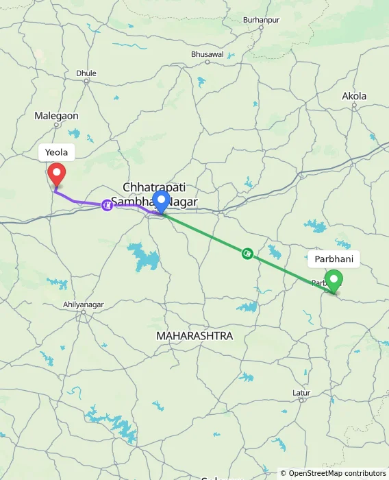 Route map showing distance and travel time from Parbhani, India to Yeola, India