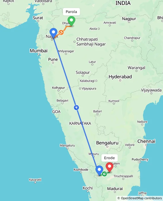 Route map showing distance and travel time from Parola, India to Erode, India