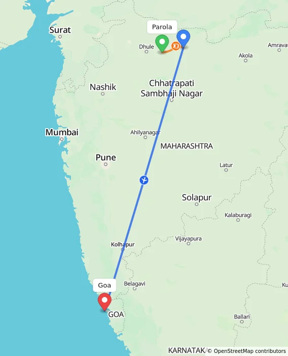 Route map showing distance and travel time from Parola, India to Goa, India
