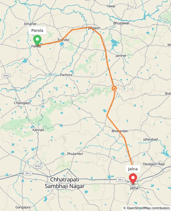 Route map showing distance and travel time from Parola, India to Jalna, India