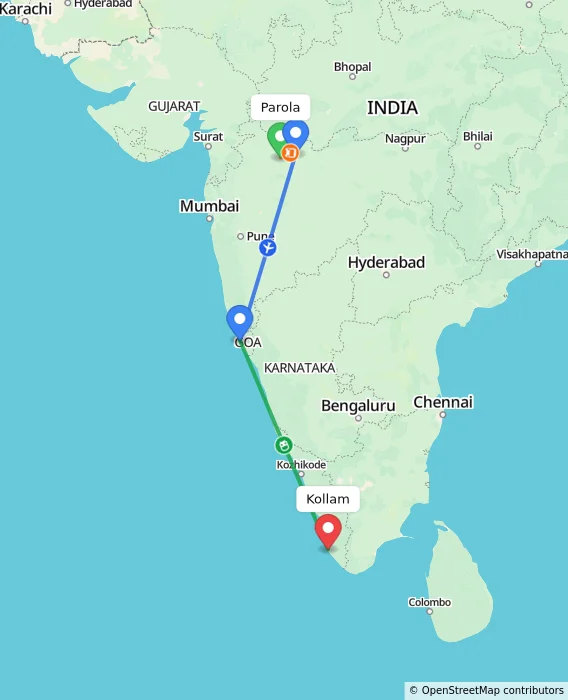 Route map showing distance and travel time from Parola, India to Kollam, India