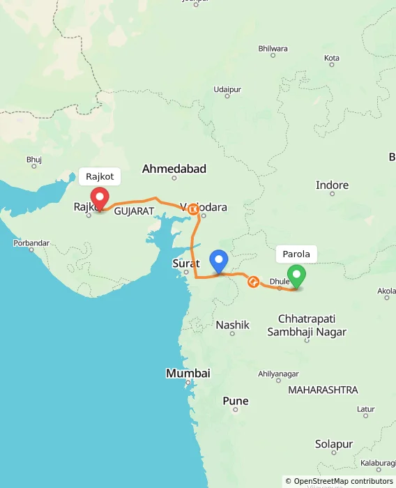 Route map showing distance and travel time from Parola, India to Rajkot, India
