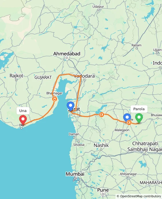 Route map showing distance and travel time from Parola, India to Una, India