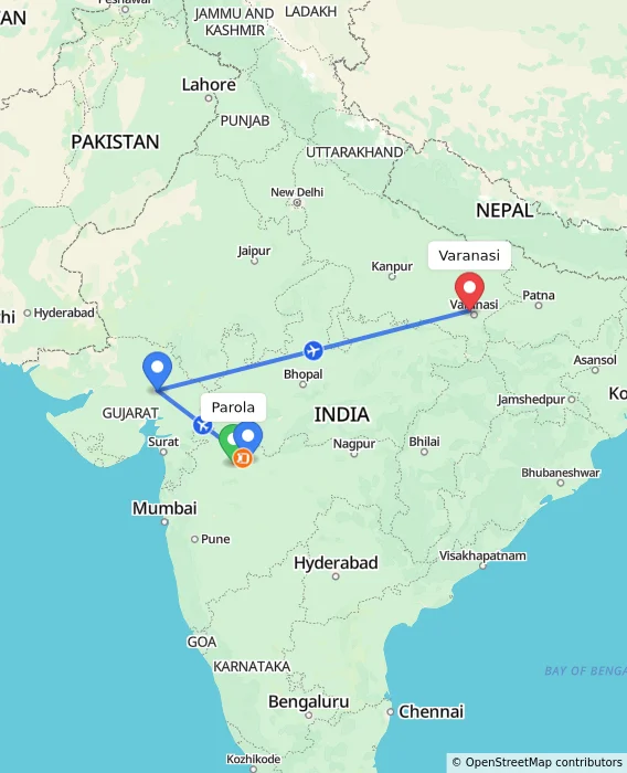Route map showing distance and travel time from Parola, India to Varanasi, India
