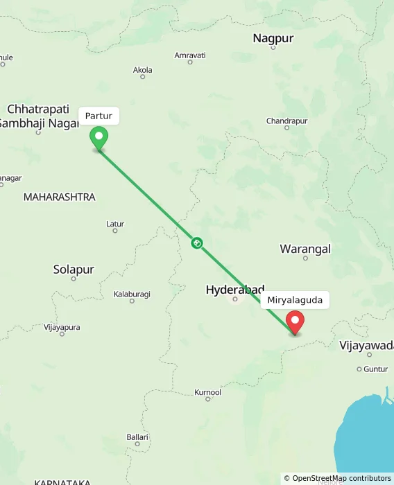 Route map showing distance and travel time from Partur, India to Miryalaguda, India