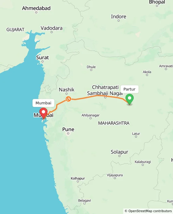 Route map showing distance and travel time from Partur, India to Mumbai, India
