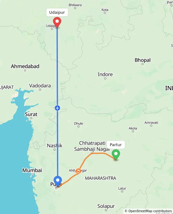 Route map showing distance and travel time from Partur, India to Udaipur, India