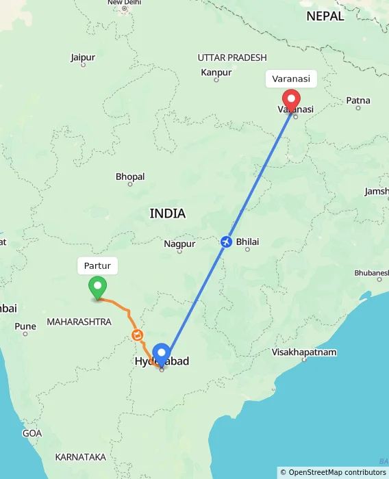 Route map showing distance and travel time from Partur, India to Varanasi, India