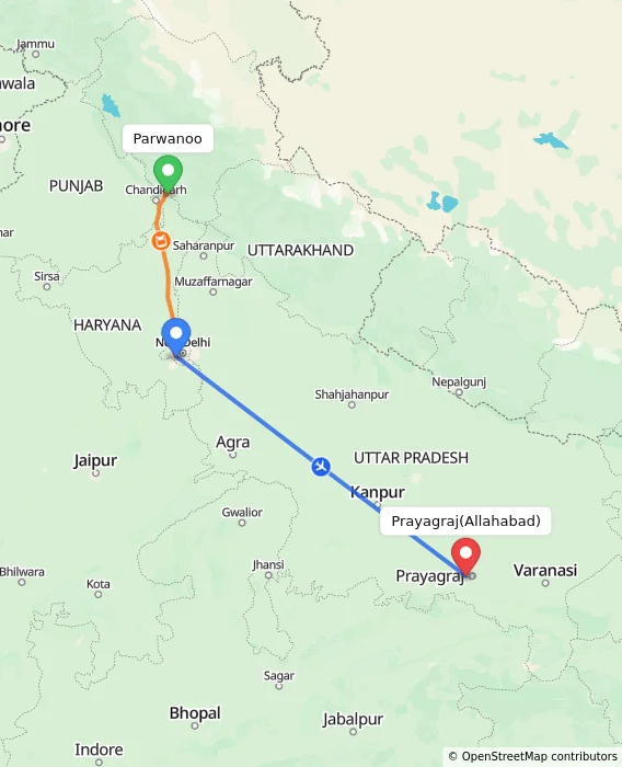 Route map showing distance and travel time from Parwanoo, India to Allahabad, India