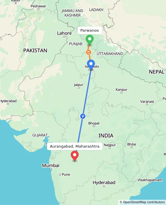 Route map showing distance and travel time from Parwanoo, India to Aurangabad, Maharashtra, India